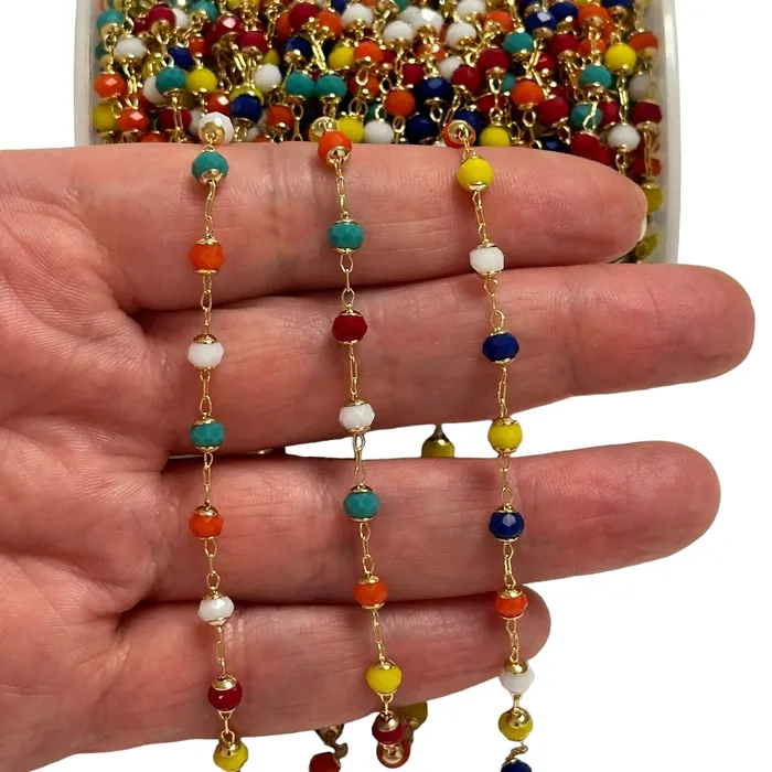 Multicolor Faceted Round Crystal Rosary Chain 24Kt Gold Plated Rosary Chain Peppy Beads Rings