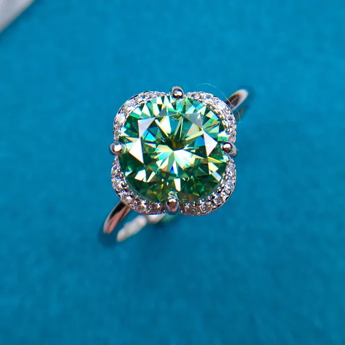 2 Carat Green Round Cut Clover Floating Halo Certified VVS Moissanite Ring Leyloon Jewelry Rings 2 Carat Green Round Cut Clover Floating Halo Certified VVS Moissanite Ring Leyloon Jewelry Rings