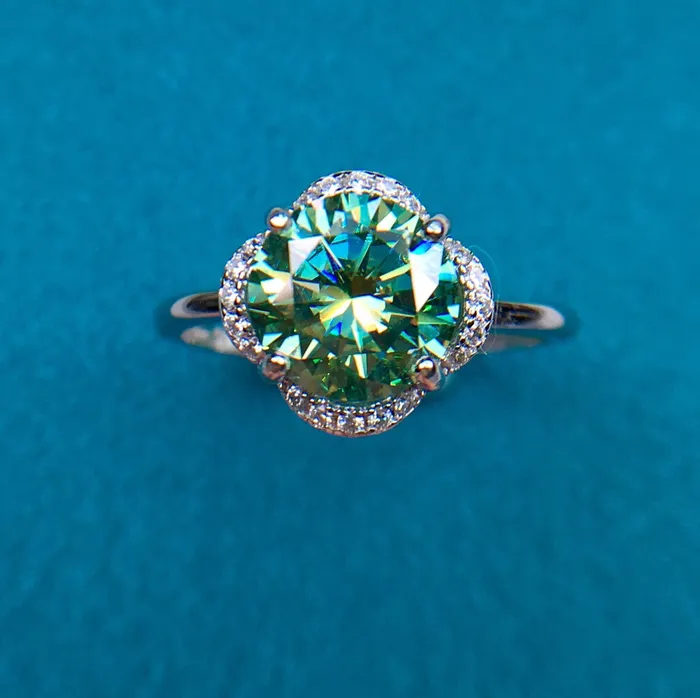 2 Carat Green Round Cut Clover Floating Halo Certified VVS Moissanite Ring Leyloon Jewelry Rings