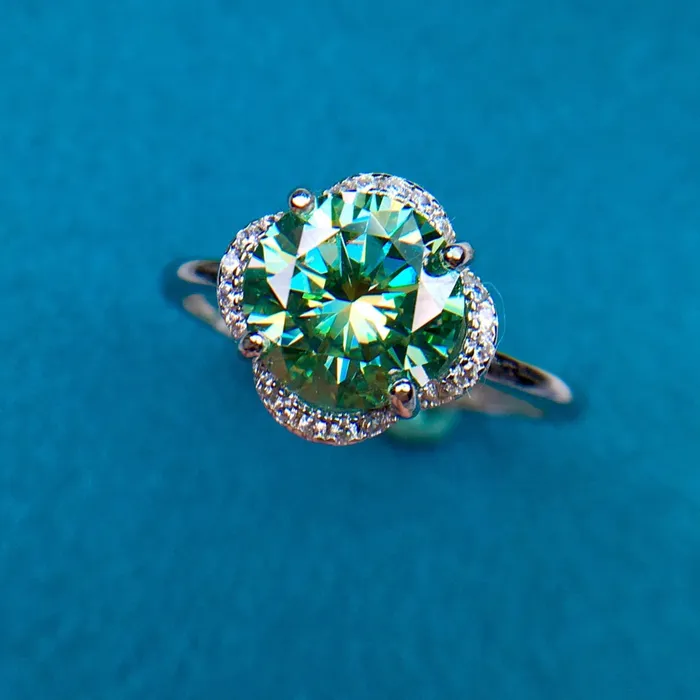 2 Carat Green Round Cut Clover Floating Halo Certified VVS Moissanite Ring Leyloon Jewelry Rings