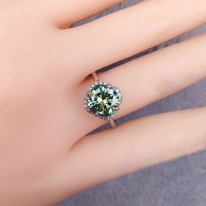 2 Carat Green Round Cut Clover Floating Halo Certified VVS Moissanite Ring Leyloon Jewelry Rings