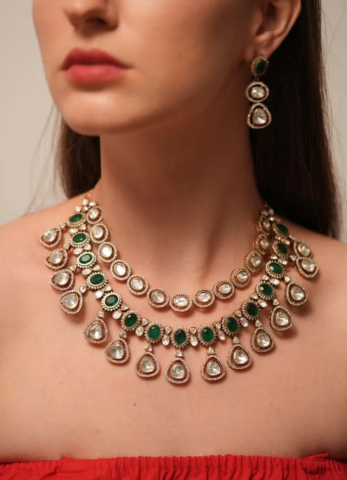Attrangi Necklaces Akanksha Polki 2 Layer Necklace Set Emerald