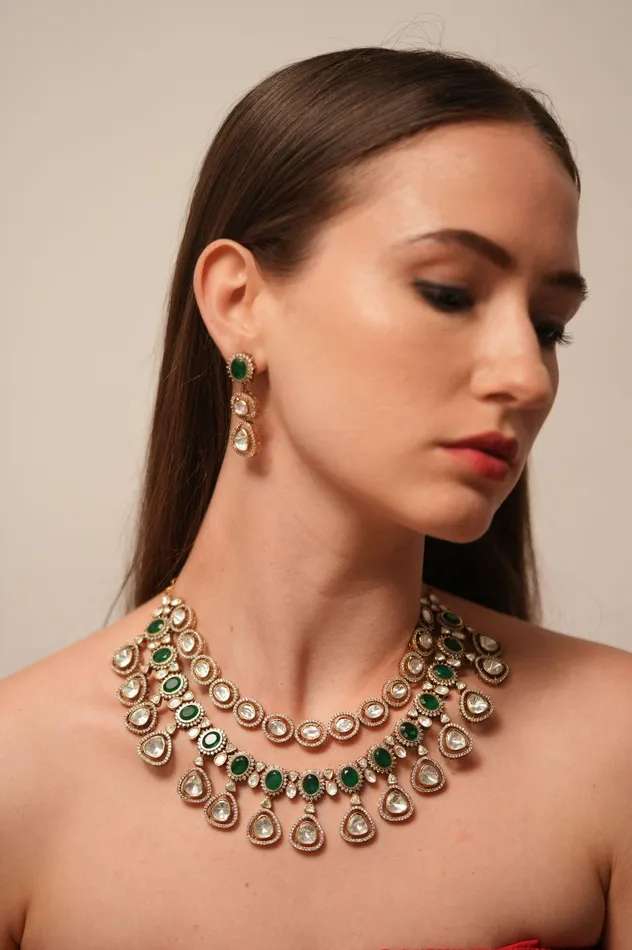 Attrangi Necklaces Akanksha Polki 2 Layer Necklace Set Emerald Attrangi Necklaces Akanksha Polki 2 Layer Necklace Set Emerald