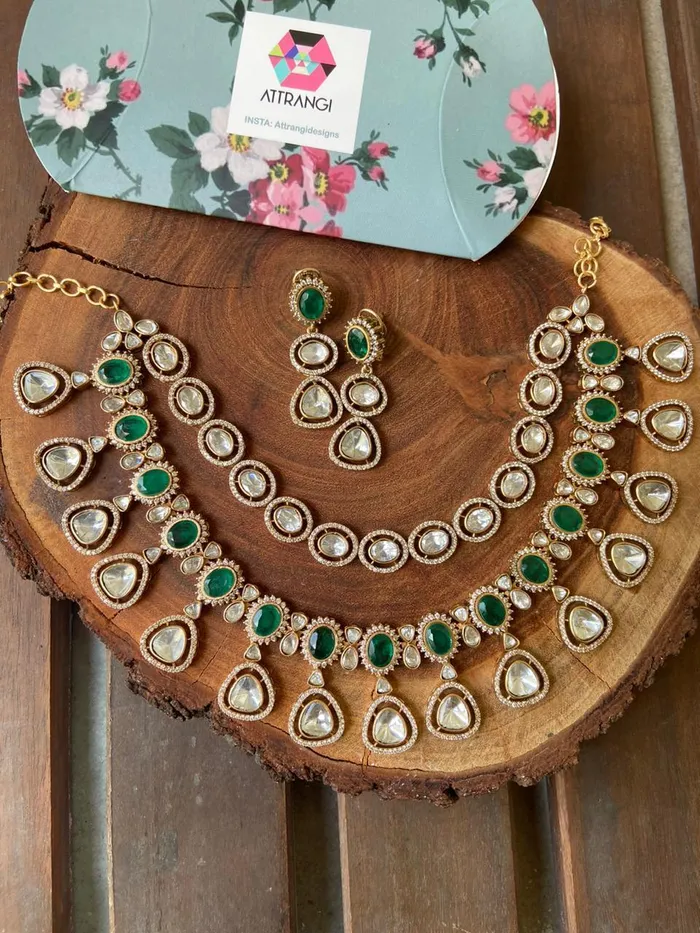 Attrangi Necklaces Akanksha Polki 2 Layer Necklace Set Emerald Attrangi Necklaces Akanksha Polki 2 Layer Necklace Set Emerald