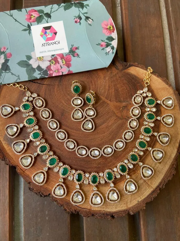 Attrangi Necklaces Akanksha Polki 2 Layer Necklace Set Emerald Attrangi Necklaces Akanksha Polki 2 Layer Necklace Set Emerald