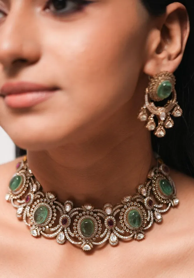 Attrangi PreStyled Sets Aarti Polki Indian Choker Set Antique Gold