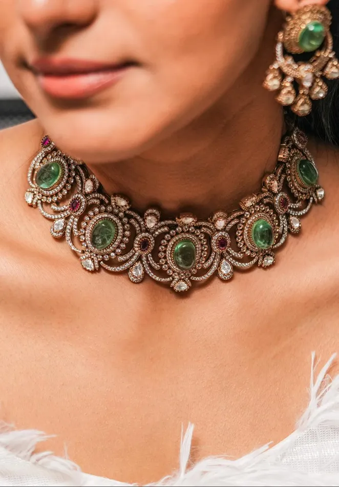Attrangi PreStyled Sets Aarti Polki Indian Choker Set Antique Gold Attrangi PreStyled Sets Aarti Polki Indian Choker Set Antique Gold