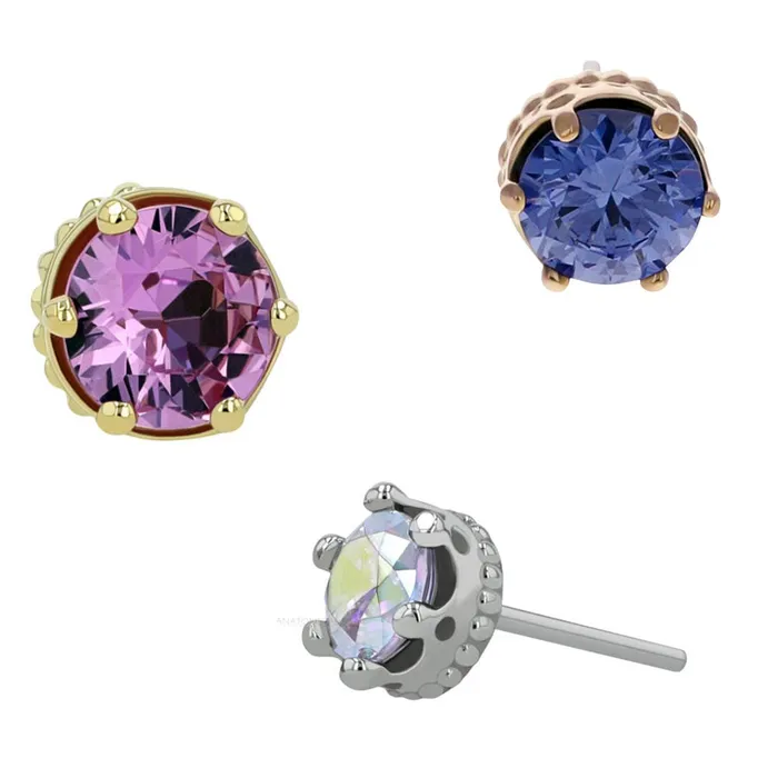 Earrings Anatometal threadless 4mm Queen Crown End in Gold with BrilliantCut Gem