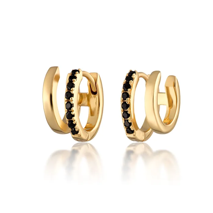 Earrings Scream Pretty Gold Mismatched Double Huggie Earrings with Black Stones