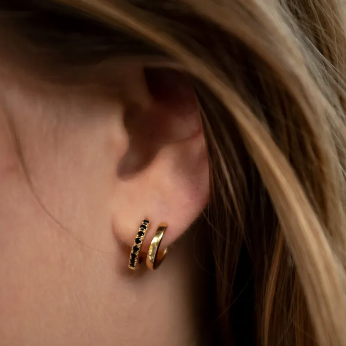 Earrings Scream Pretty Gold Mismatched Double Huggie Earrings with Black Stones