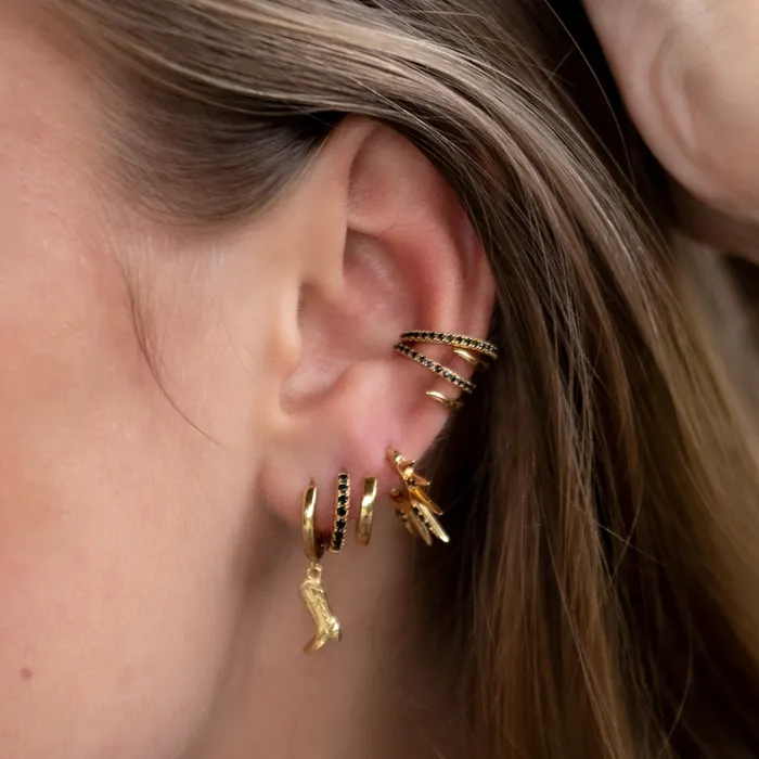 Earrings Scream Pretty Gold Mismatched Double Huggie Earrings with Black Stones