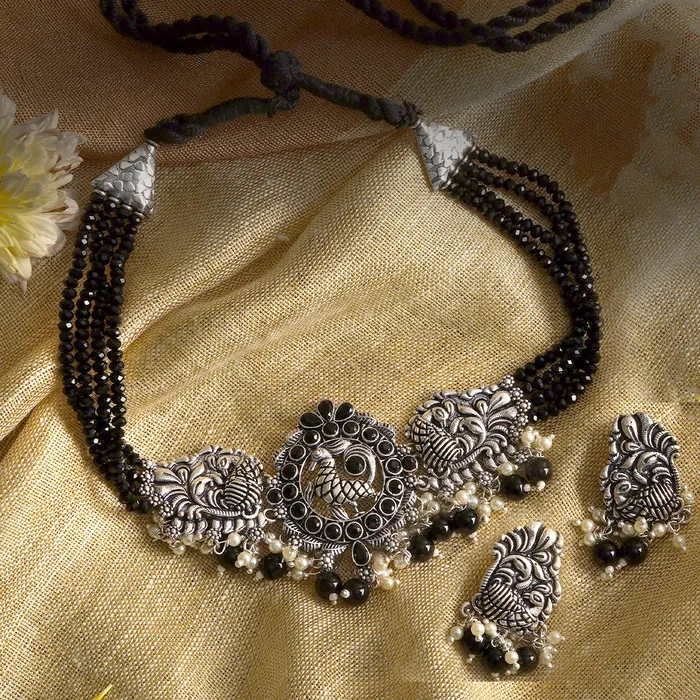 Necklaces Teejh Teejh Darshika Silver Oxidised Pearl and Black Stones Choker Necklace Set Necklaces Teejh Teejh Darshika Silver Oxidised Pearl and Black Stones Choker Necklace Set