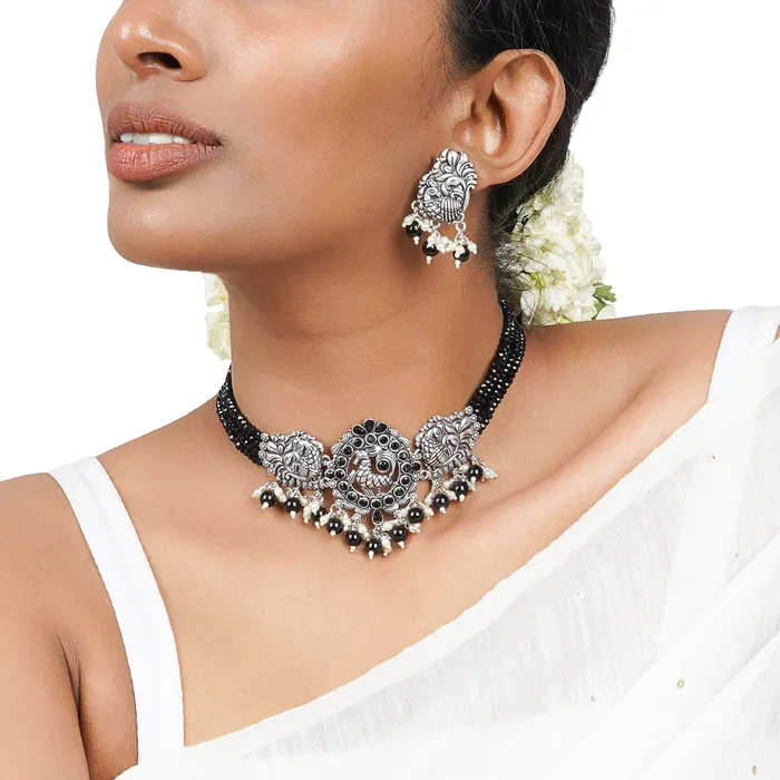Necklaces Teejh Teejh Darshika Silver Oxidised Pearl and Black Stones Choker Necklace Set Necklaces Teejh Teejh Darshika Silver Oxidised Pearl and Black Stones Choker Necklace Set