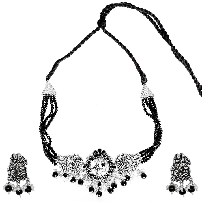 Necklaces Teejh Teejh Darshika Silver Oxidised Pearl and Black Stones Choker Necklace Set Necklaces Teejh Teejh Darshika Silver Oxidised Pearl and Black Stones Choker Necklace Set