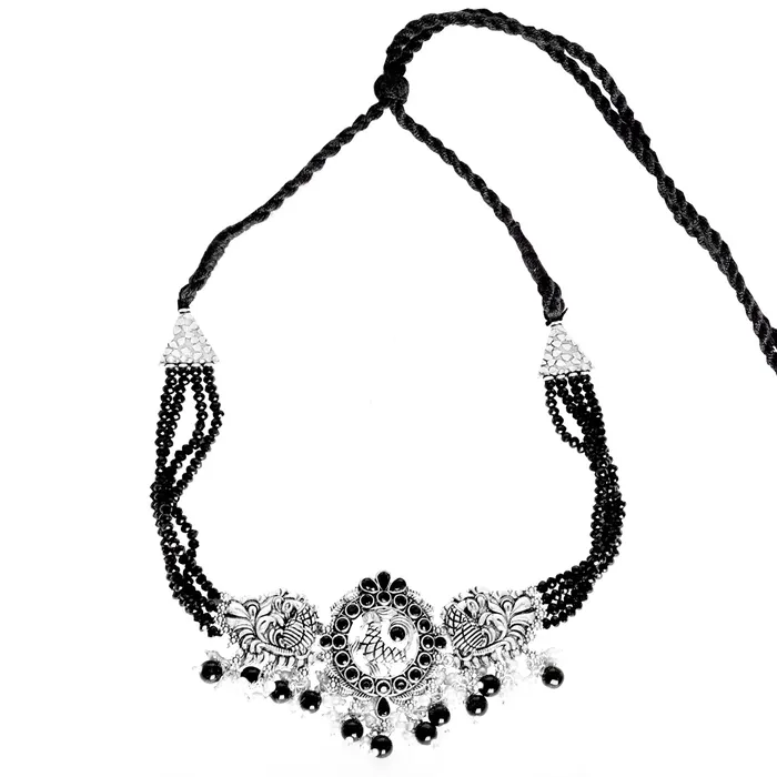 Necklaces Teejh Teejh Darshika Silver Oxidised Pearl and Black Stones Choker Necklace Set Necklaces Teejh Teejh Darshika Silver Oxidised Pearl and Black Stones Choker Necklace Set