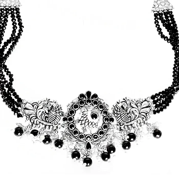 Necklaces Teejh Teejh Darshika Silver Oxidised Pearl and Black Stones Choker Necklace Set Necklaces Teejh Teejh Darshika Silver Oxidised Pearl and Black Stones Choker Necklace Set