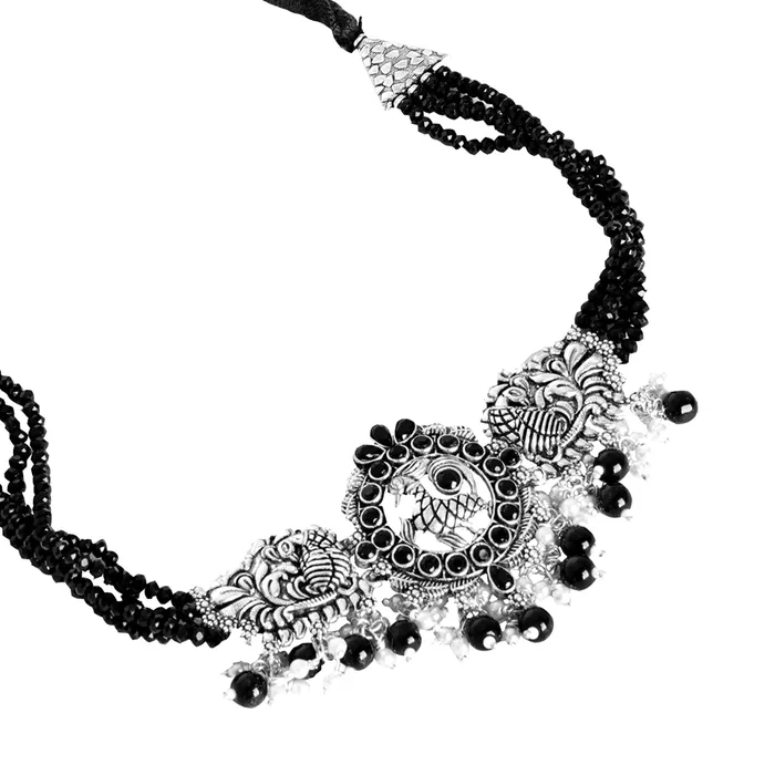 Necklaces Teejh Teejh Darshika Silver Oxidised Pearl and Black Stones Choker Necklace Set Necklaces Teejh Teejh Darshika Silver Oxidised Pearl and Black Stones Choker Necklace Set