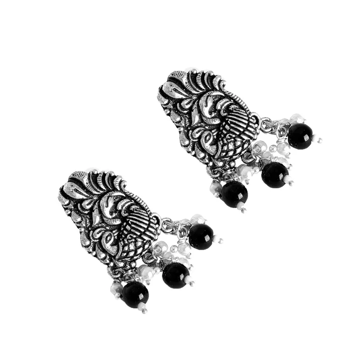 Necklaces Teejh Teejh Darshika Silver Oxidised Pearl and Black Stones Choker Necklace Set Necklaces Teejh Teejh Darshika Silver Oxidised Pearl and Black Stones Choker Necklace Set