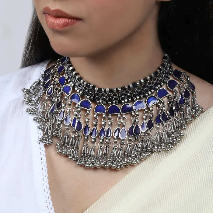 Necklaces Teejh Zaira Blue Silver Oxidised Choker Necklace Teejh