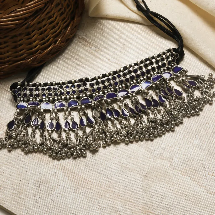 Necklaces Teejh Zaira Blue Silver Oxidised Choker Necklace Teejh