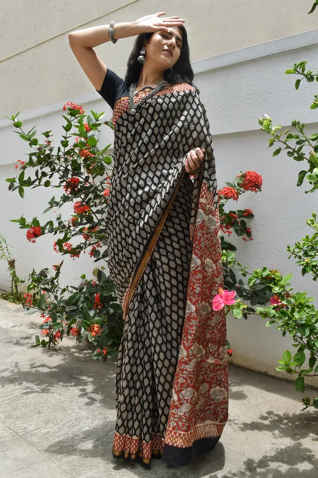 Teejh Nitya Black Block Print Chanderi Cotton Saree With Blouse Piece Teejh Necklaces Teejh Nitya Black Block Print Chanderi Cotton Saree With Blouse Piece Teejh Necklaces