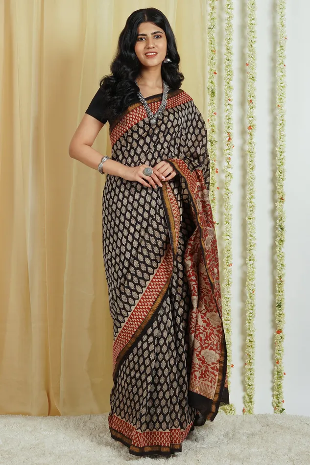 Teejh Nitya Black Block Print Chanderi Cotton Saree With Blouse Piece Teejh Necklaces