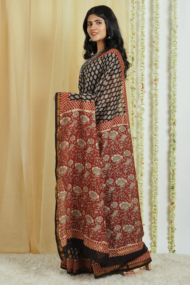 Teejh Nitya Black Block Print Chanderi Cotton Saree With Blouse Piece Teejh Necklaces