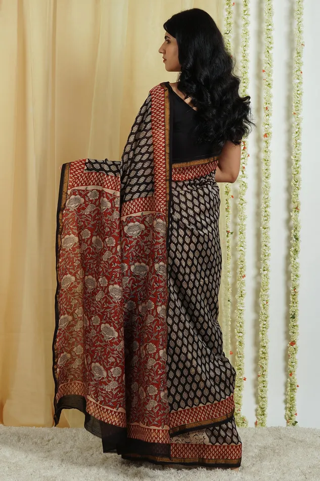 Teejh Nitya Black Block Print Chanderi Cotton Saree With Blouse Piece Teejh Necklaces