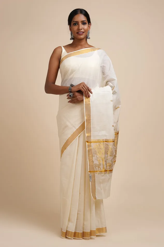 Teejh Rings Teejh Jaya White and Gold Kerala Cotton Kasavu Saree
