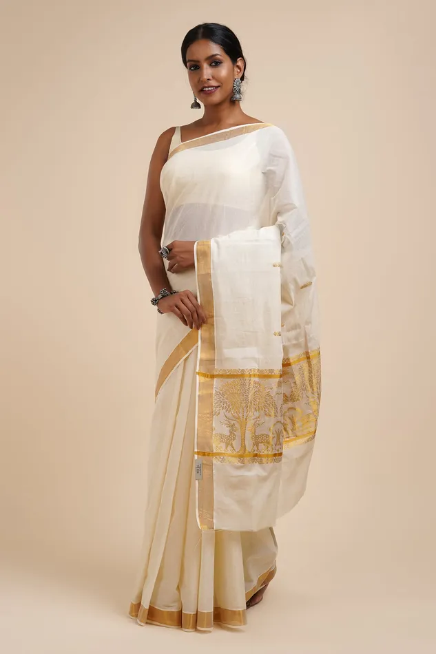 Teejh Rings Teejh Jaya White and Gold Kerala Cotton Kasavu Saree