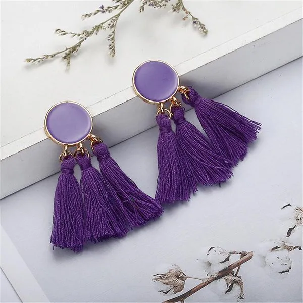 02 Earrings E1348 Purple Baked Enamel Circle Triple Tassel Earrings