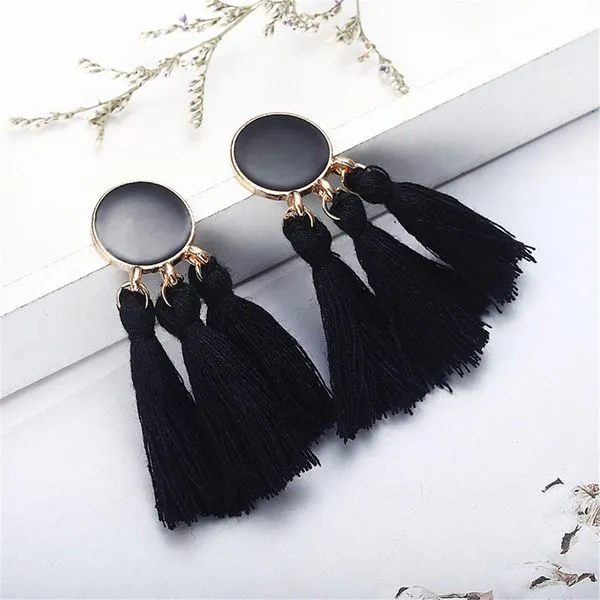 02 Earrings E1349 Black Baked Enamel Circle Triple Tassel Earrings