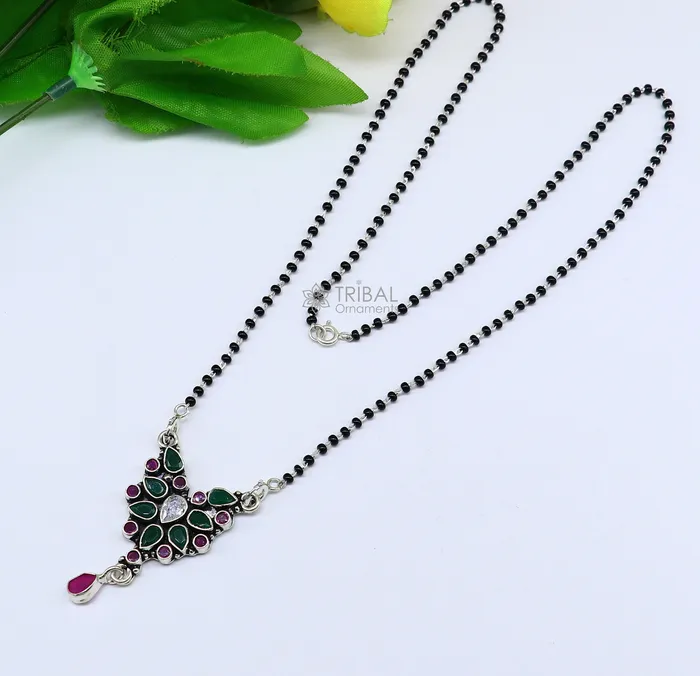 925 sterling silver handmade delicate black beaded chain and fabulous cut stone pendant amazing brides mangalsutra necklace from india ms45 TRIBAL ORNAMENTS Necklaces 925 sterling silver handmade delicate black beaded chain and fabulous cut stone pendant amazing brides mangalsutra necklace from india ms45 TRIBAL ORNAMENTS Necklaces