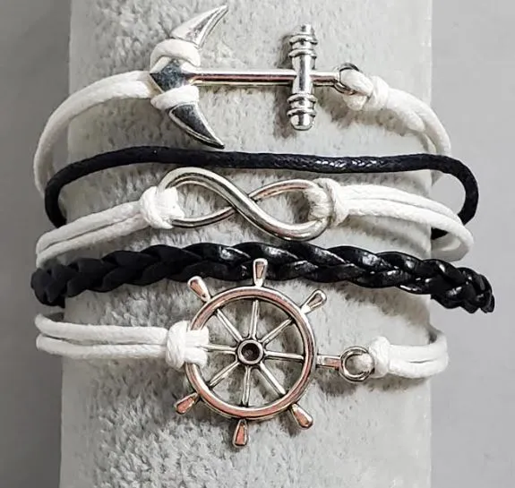 alice Bracelets AZ705 White Black Anchor Ship Wheel Infinity Leather Bracelet