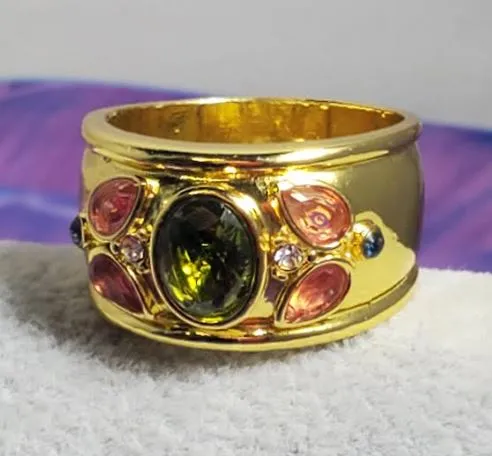 alice R654 Gold Green Pink Gem Ring Rings