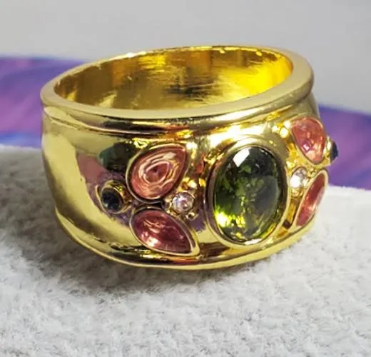 alice R654 Gold Green Pink Gem Ring Rings