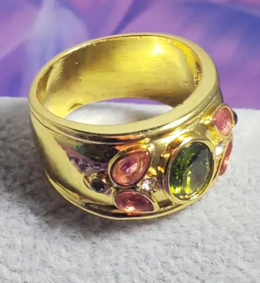 alice R654 Gold Green Pink Gem Ring Rings