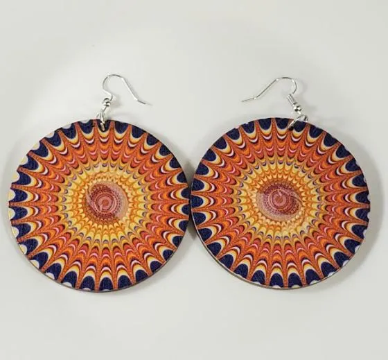 E1488 Large Round Wooden Orange Sunburst Earrings polly Earrings