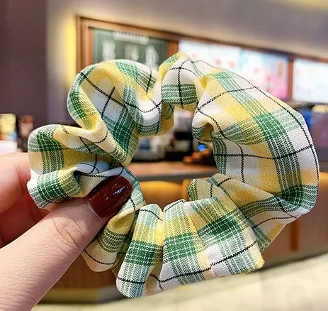 Earrings 02 H795 Yellow Green Plaid Hair Scrunchie