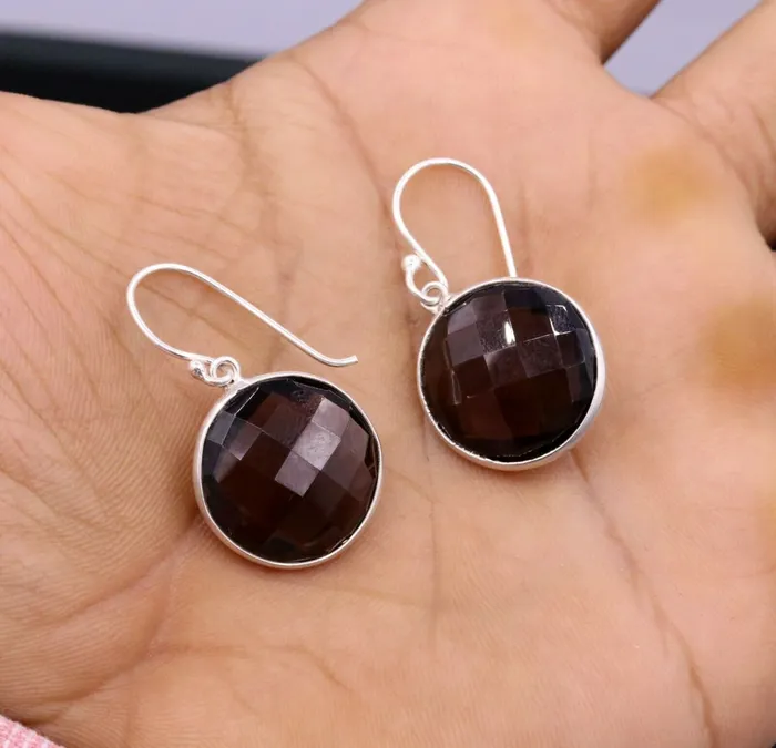 Earrings TRIBAL ORNAMENTS Top class smoky quartz 925 silver drop dangle hoops earrings daily use stud s185