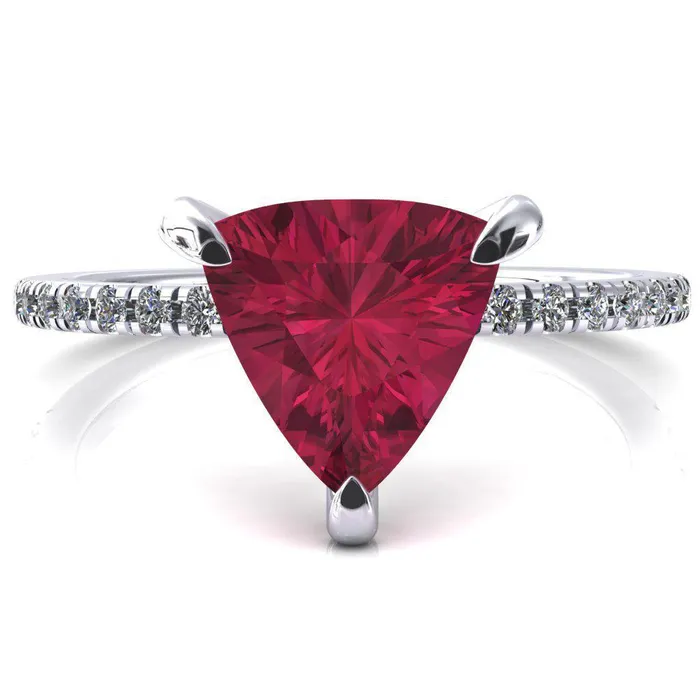 Ezili Trillion Ruby 3 Claw Prong Micro Pave Diamond Sides Engagement Ring Fire Brilliance Rings Ezili Trillion Ruby 3 Claw Prong Micro Pave Diamond Sides Engagement Ring Fire Brilliance Rings