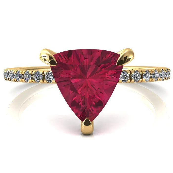 Ezili Trillion Ruby 3 Claw Prong Micro Pave Diamond Sides Engagement Ring Fire Brilliance Rings