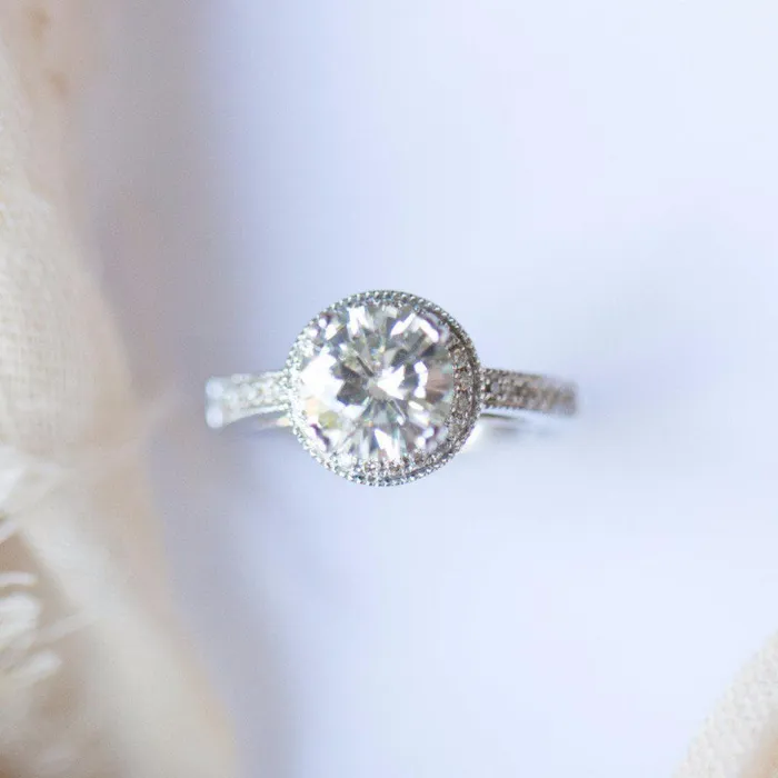 Fire Brilliance Rings 8mm Round Center and Diamond Pave and Shoulder 18K White Gold Ring