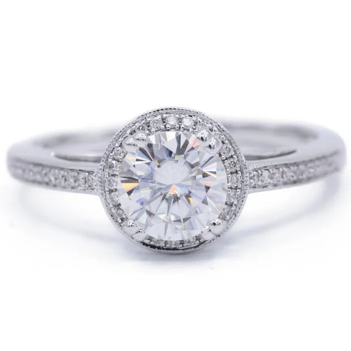 Fire Brilliance Rings 8mm Round Center and Diamond Pave and Shoulder 18K White Gold Ring