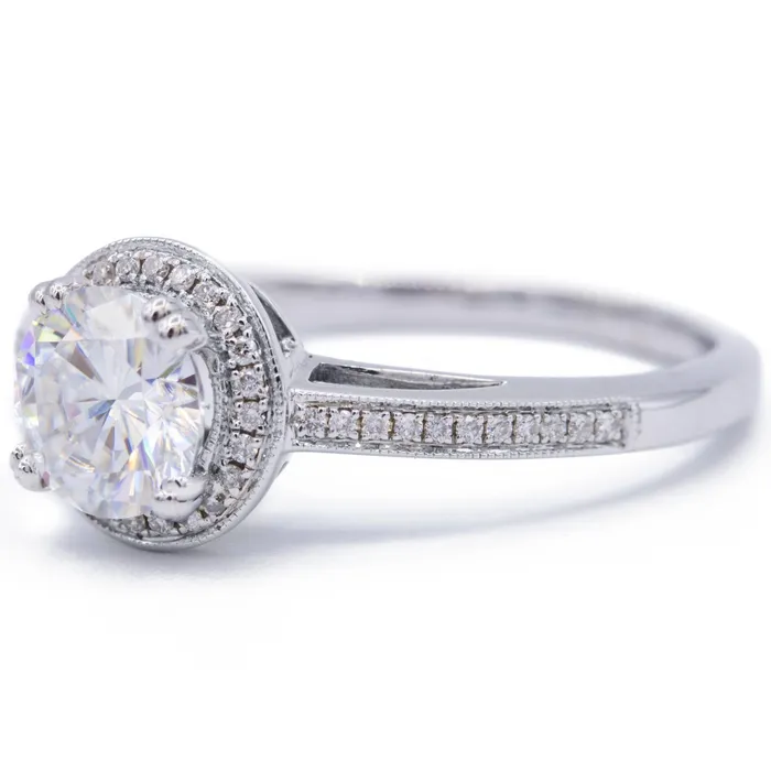 Fire Brilliance Rings 8mm Round Center and Diamond Pave and Shoulder 18K White Gold Ring