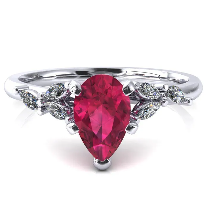Fire Brilliance Rings Sigrid Pear Ruby 5 Prong Marquise Diamond Side Ring Fire Brilliance Rings Sigrid Pear Ruby 5 Prong Marquise Diamond Side Ring