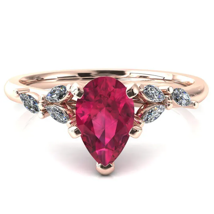Fire Brilliance Rings Sigrid Pear Ruby 5 Prong Marquise Diamond Side Ring
