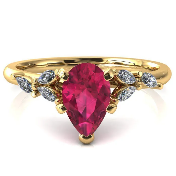 Fire Brilliance Rings Sigrid Pear Ruby 5 Prong Marquise Diamond Side Ring