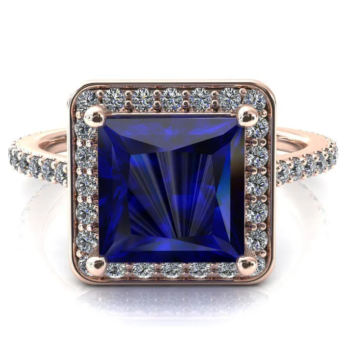 Fire Brilliance Rings Valma Princess Blue Sapphire Floating Diamond Halo and Sides Ring