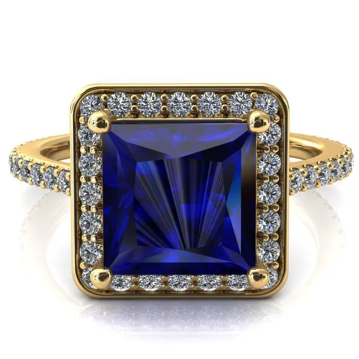 Fire Brilliance Rings Valma Princess Blue Sapphire Floating Diamond Halo and Sides Ring